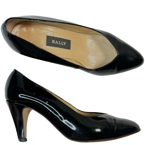 Bally Classic Patent Leather Pumps Cone Heel Almond Toe Black 5 - Picture 1 of 13